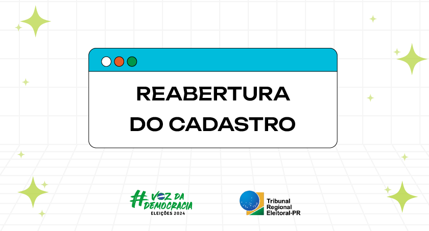 Banner com fundo branco quadriculado, cujo título é "Reabertura do cadastro". Ao redor, há a ilu...