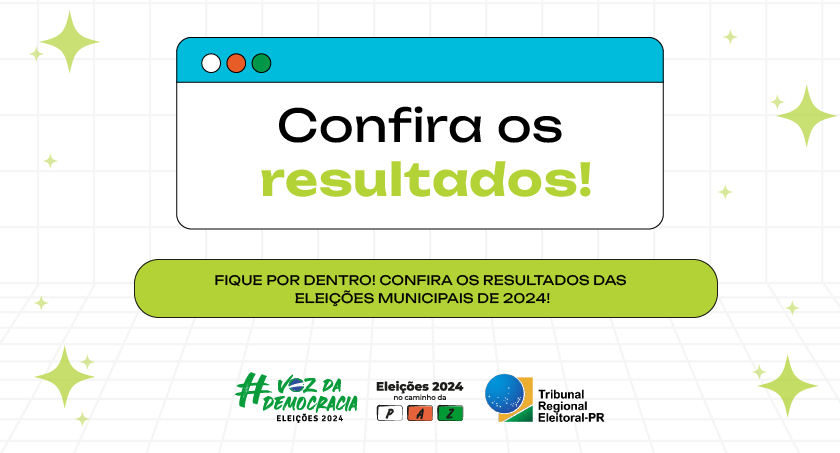 Banner com fundo branco quadriculado, cujo título é "Confira os resultados". Ao redor, há a ilus...