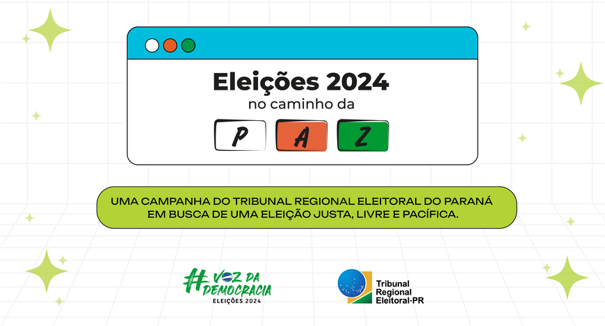 Banner com fundo branco quadriculado, cujo título é "Eleições 2024 no Caminho da Paz". Abaixo, e...