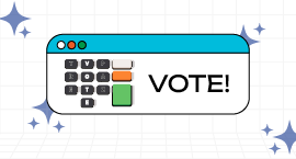 Banner com fundo quadriculado branco, cujo título é "Vote", em letras pretas. O texto aparece de...