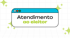 Banner com fundo quadriculado branco, cujo título é "Atendimento ao eleitor", em letras pretas. ...