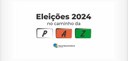 Banner com fundo branco, no qual se lê “Eleições 2024 no caminho da paz” em letras pretas. A pal...