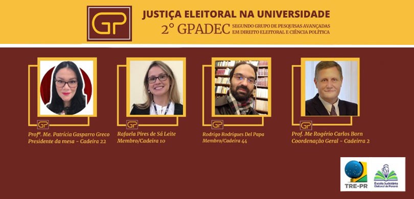 Banner em amarelo e bordô escrito “Justiça Eleitoral na Universidade - 2° GPADEC”. Abaixo, há a ...