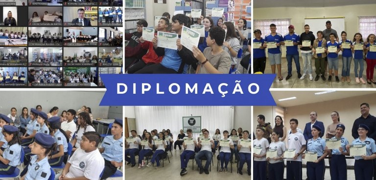 Banner intitulado “Diplomação”. Há seis fotos: uma de uma reunião on-line e outras cinco de estu...