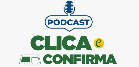 No centro, na parte superior, há o desenho de um microfone azul, e, embaixo, em letras azuis, de...