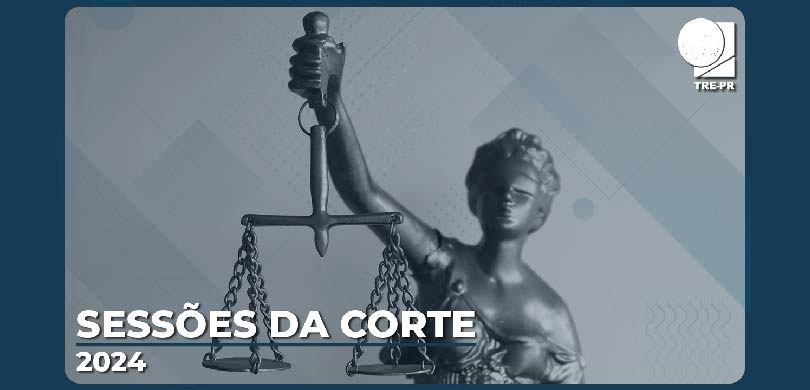 Banner com fundo azul, em que se lê: Sessões da Corte - 2024. Ao fundo, há a figura, na cor prat...