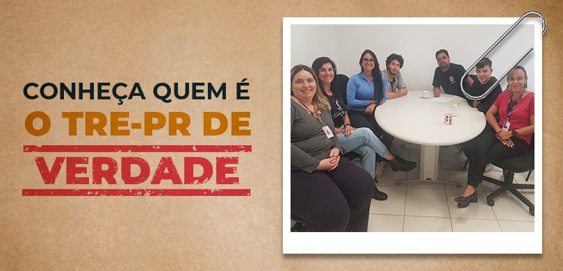 Banner em fundo bege, com "Conheça Quem é o TRE de Verdade" escrito em preto, laranja e vermelho...