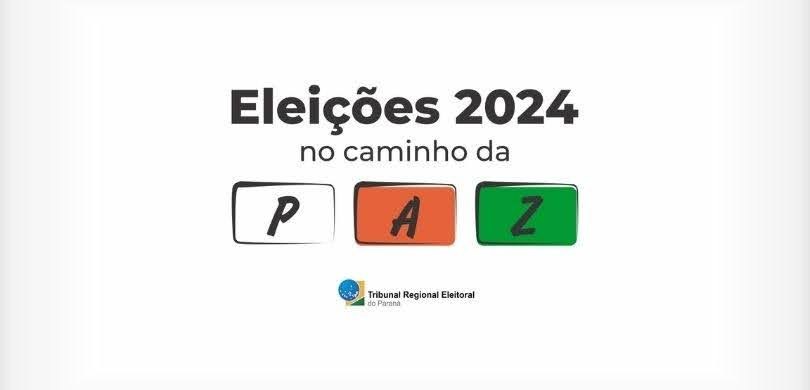 Banner com fundo branco, no qual se lê “Eleições 2024 no caminho da paz” em letras pretas. A pal...