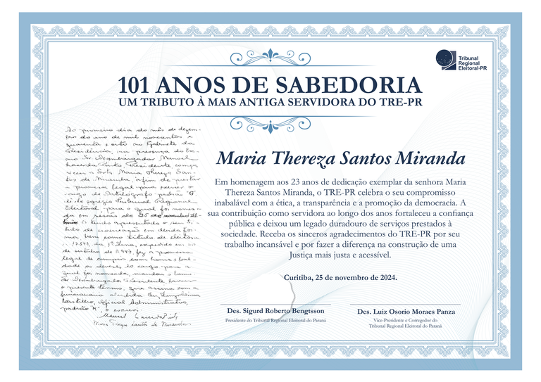 Imagem do certificado entregue à senhora Maria Thereza Santos Miranda, a mais antiga servidora d...