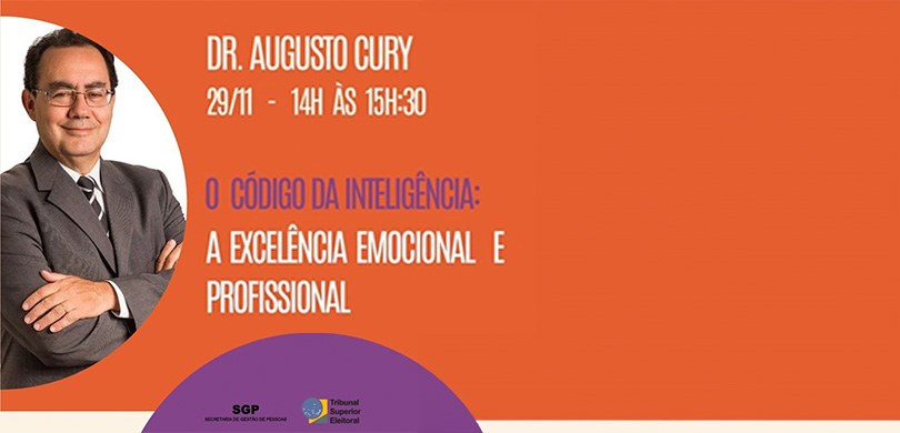 Um banner laranja, em que se lê “Dr. Augusto Cury: 29/11 - 14h às 15h30”, em branco, ao lado da ...