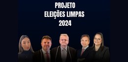 Banner com fundo azul-marinho em que se lê “Projeto Eleições Limpas 2024”, em letras brancas. Ab...