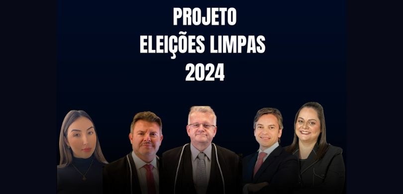 Banner com fundo azul-marinho em que se lê “Projeto Eleições Limpas 2024”, em letras brancas. Ab...