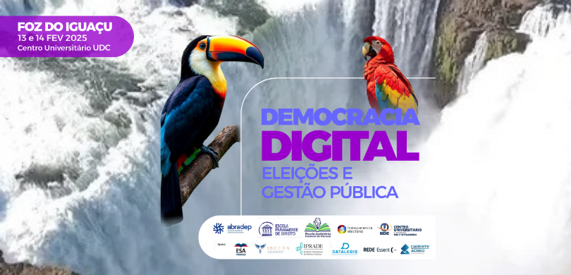 Banner cujo fundo é uma fotografia de cachoeiras, com o título “Democracia Digital: eleições e g...