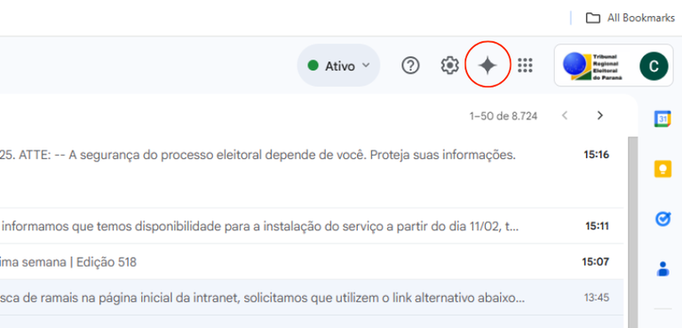 Print do canto superior direito da tela de um computador, em que é possível ver uma caixa de e-m...