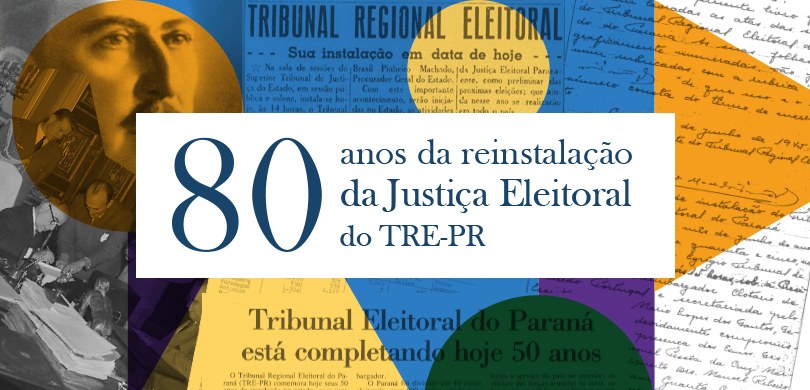 Banner com fundo colorido, sobre o qual se veem textos datilografados ou manuscritos além de ima...