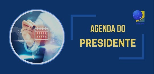 Banner azul escrito “Agenda do Presidente” em amarelo ao lado direito da imagem. Em cima, está a...