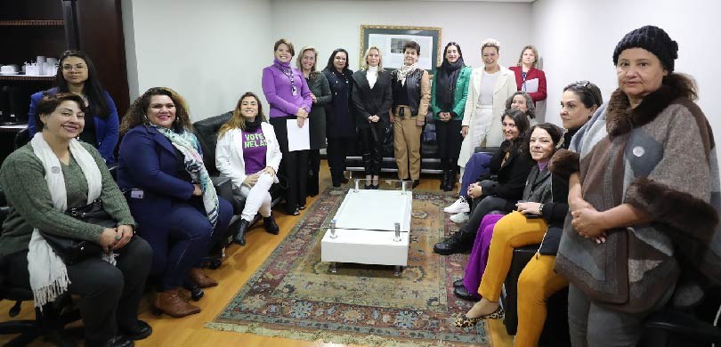 Fotografia de 17 mulheres reunidas em uma sala. Algumas aparecem sentadas e outras em pé, ao red...