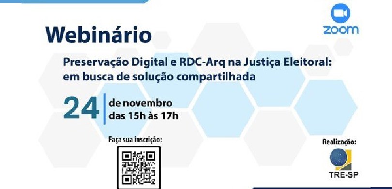 Banner em fundo branco com hexágonos em azul e cinza onde se lê: Webinário - Preservação Digital...