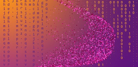 Imagem que representa códigos de computador com o fundo nas cores laranja e roxo.