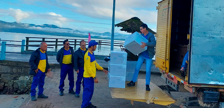 Em cima de uma plataforma amarela, um homem descarrega de um caminhão caixas encapadas com plást...